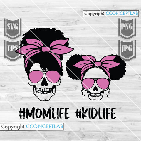 Afro Mom Life and Kid Life Skull on Pink Print